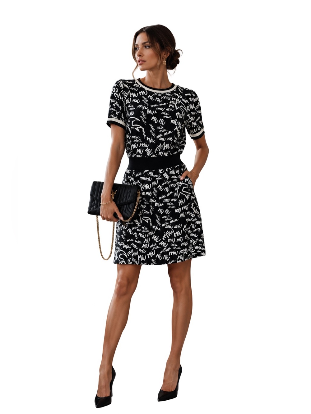 Black & White all over graffiti Script bird Print blouson Dress Elastic Waist S